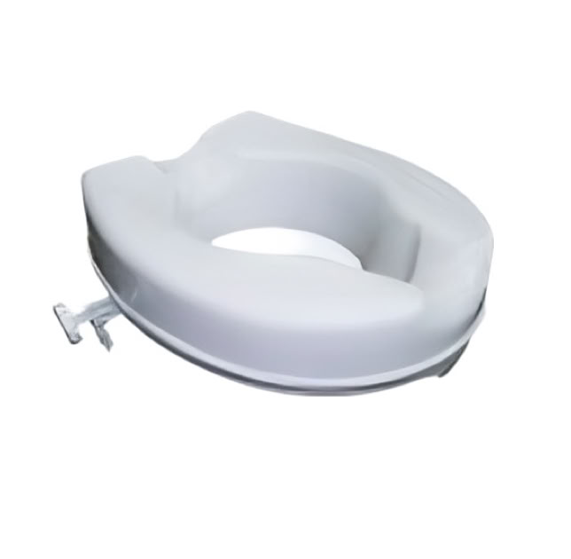 Weißer Toilettensitzerhöher aus Kunststoff mit seitlichem Befestigungsmechanismus.