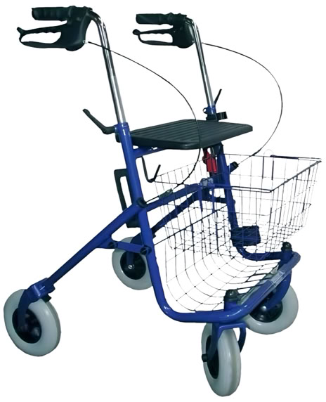 Blauer Rollator mit vier Rädern, einem Sitz und einem Metallkorb vorne.